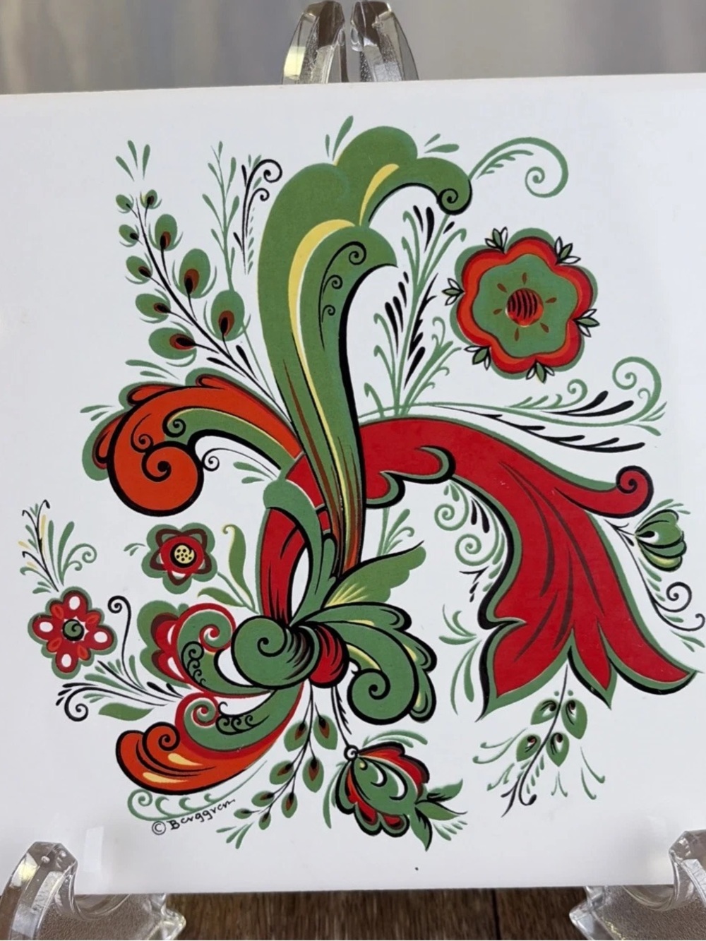 Berggren Originals Decorative Tile Ceramic Trivet Scandinavian Rosemaling 167W